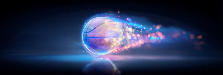 Basketball ball banner with dynamic colorful energetic light trails. Basketball wallpaper
