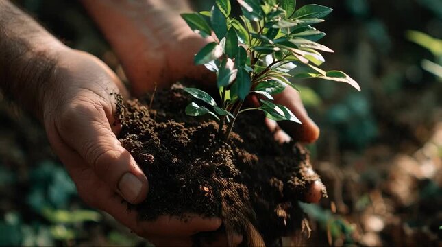 close-up shot of human hands holding small tree sapling with rich soil, natural daylight soft focus background environmental conservation concept cinematic macro video