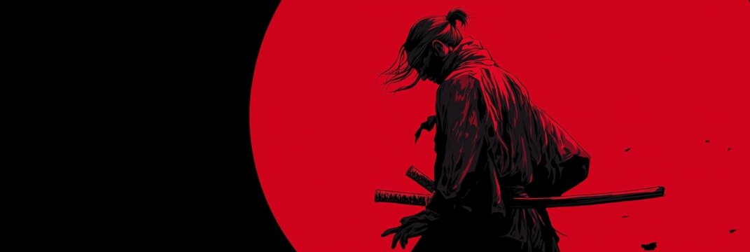 Samurai warrior silhouette standing against red sun. Samurai warrior silhouette standing with swords against a vibrant red background