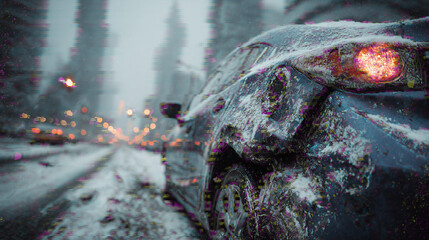 Damaged car with glowing taillight stands on a snowy city street, surrounded by lights, cold, motion.
