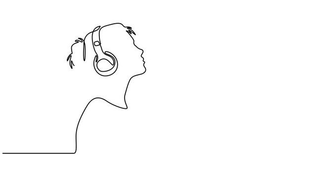 Young beautiful girl listening music in headphones continuous single line drawing vector illustration, continuous line animation of beautiful girl listening music in headphones, Black One line pro.