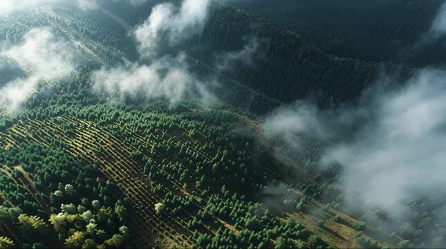 aerial drone view of large green forest landscape rows of newly planted trees visible sunlight rays through clouds cinematic environmental footage peaceful atmosphere 