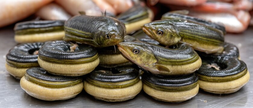 Close-up view of whole and sliced black eels at fish market with blurred background showing other seafood items