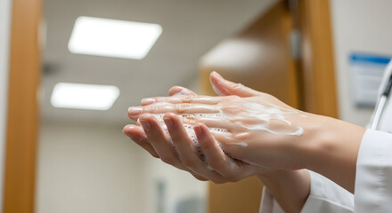 Healthcare Professional Demonstrating Handwashing Technique with Soap in Modern Clinical Environment for Infection Control and Hygiene Practice