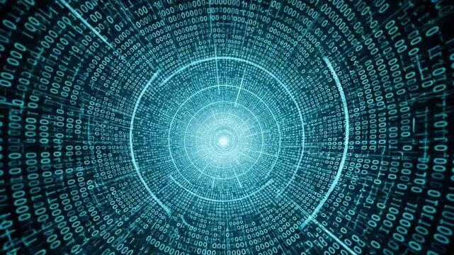 Cybernetic Gateway: An abstract digital tunnel illuminates with binary code, representing interconnected technology and data flow, suggesting innovation.