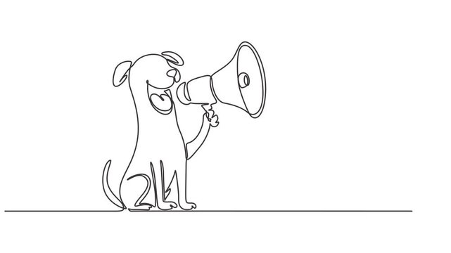 dog announcement using megaphone animation continuous one line drawing, Dog enthusiastically using megaphone Cute puppy dog making an important announcement or delivering a message using megaphone. 