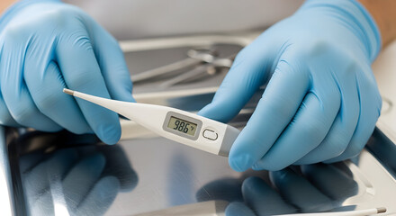 Healthcare Professional Checking Patient Temperature with Digital Thermometer on Silver Tray Wearing Blue Gloves