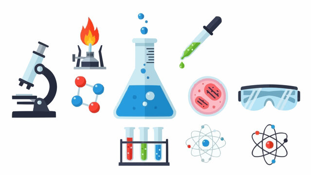 Comprehensive collection of flat vector illustrations depicting essential laboratory tools and scientific concepts across chemistry, biology, and physics for education and research