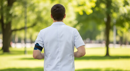 Man Running in a Green Park with Sunlight Filtering Through Trees Reflecting a Healthy Lifestyle and Enjoyment of Nature