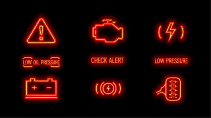Set of glowing red car dashboard warning light icons. Essential vehicle alerts for driver awareness and automotive diagnostics