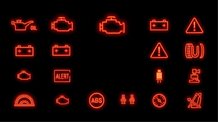 Comprehensive set of illuminated car dashboard warning lights illustrating common vehicle error indicators and safety alerts for automotive diagnostics and maintenance