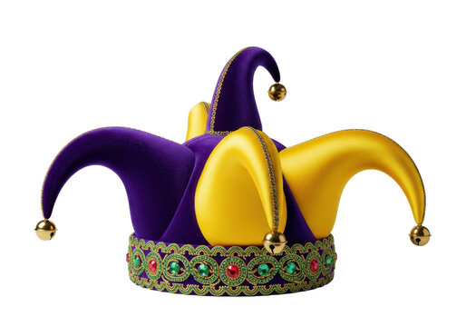 ultra-detailed purple velvet and yellow silk jester hat with jeweled trim and brass bells, medium close-up against a transparent background with copy space. concept of playful theatrical opulence