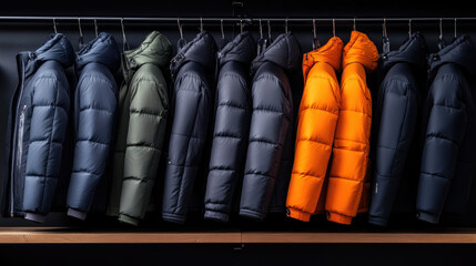 shelves with large selection of modern down jackets in sports store, retail shopping interior, winter outerwear display, active lifestyle and outdoor fashion concept