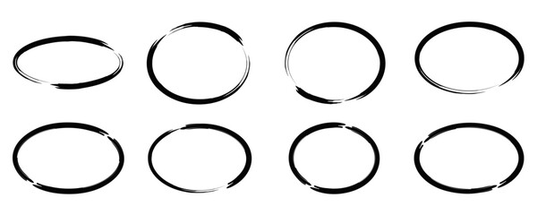 Highlight oval marker frames line set. Hand drawn scribble circle underscore set. Doodle style ovals and ellipses line template. Vector illustration isolated on white background.	
