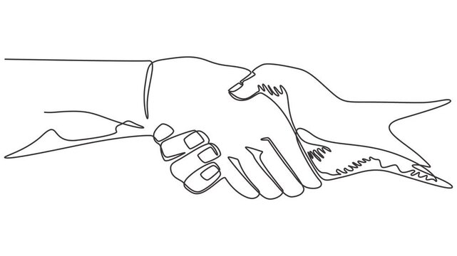 Handshaking of business partners drawn by one single line. Digital online transaction concept. Full length one line animation, Animated self drawing of continuous line draw.  Business agreement vector