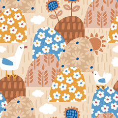 Materiał do szycia Seamless farm pattern with cute ducks on floral hills. Countryside background for kids, apparel, clothes, textile,wallpaper. Vector texture