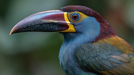 Fototapeta premium A bird with bright colors and a large beak is shown standing in a green forest. The bird looks towards the viewer with a vivid expression. Sunlight highlights the bird's features