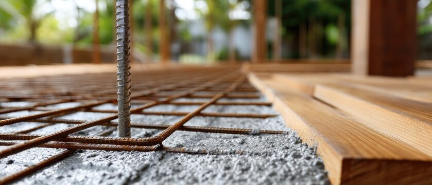 Concrete is being poured on the floor of a construction site with a focus on rebar and wooden forms in a sunny outdoor setting