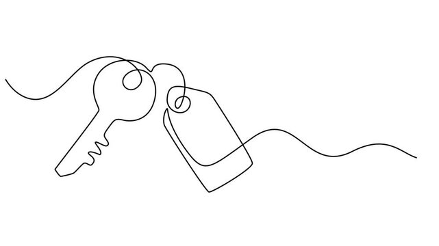 Self animated continuous one line drawing of key icon. Full length one line 4k animation video, Self animated minimalist single line-art drawing of a set of keys on a keyring, One line key. Security.