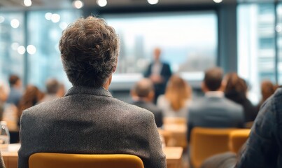 Audience member watches speaker during a blurred indoor presentation or lecture