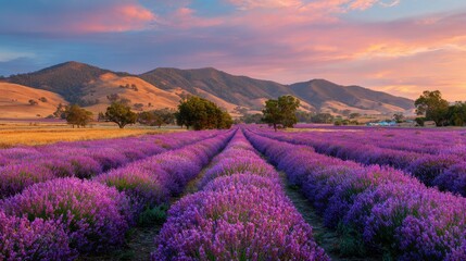 Naklejka premium Beautiful purple lavender field in full bloom under a dramatic sunset sky, with rolling hills and trees in the background