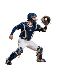 Naklejka premium Baseball catcher in blue uniform catching ball with mitt on black background glove