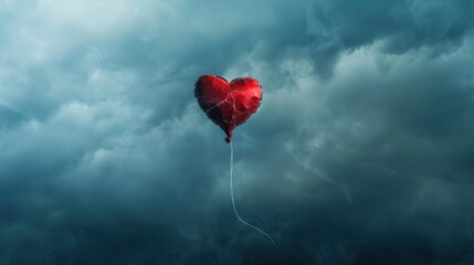 Red Heart Balloon Floating Against Dramatic Cloudy Sky.