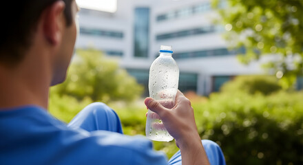 Person Holding Clear Water Bottle While Sitting in a Green Park Area with Lush Trees and Modern Building in Background on a Bright Sunny Day