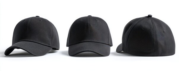 Black Baseball Cap Mockup Set (3 Views): Front, Profile, and Back. Plain dark adjustable sport hat isolated on white background for clothing branding and e-commerce.