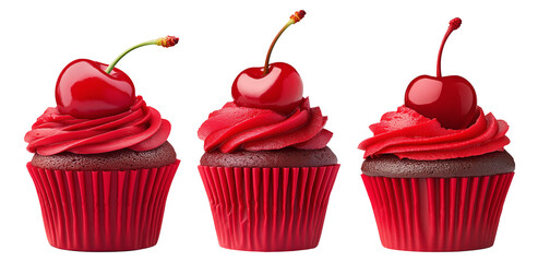 Chocolate cupcake with red frosting and cherry on top, isolated on white background, concept of dessert and sweets