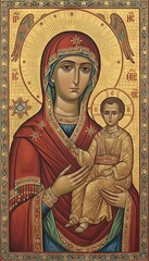 Obraz premium Iconic religious illustration depicting a woman holding a child, adorned in vibrant robes, surrounded by golden halos and intricate patterns, symbolizing maternal love and spirituality