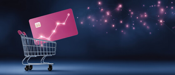 E commerce pink credit card in shopping cart with glowing data network and growth trend