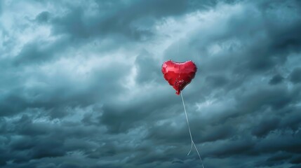 Red Heart Balloon Floating in Stormy Cloudy Sky.