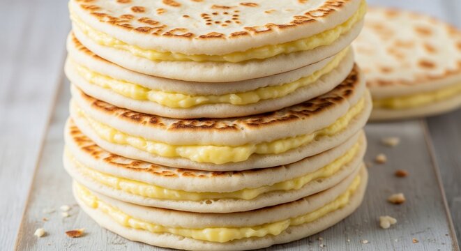 Stack of moroccan baghrir pancakes filled with a sweet creamy custard on a white wooden board