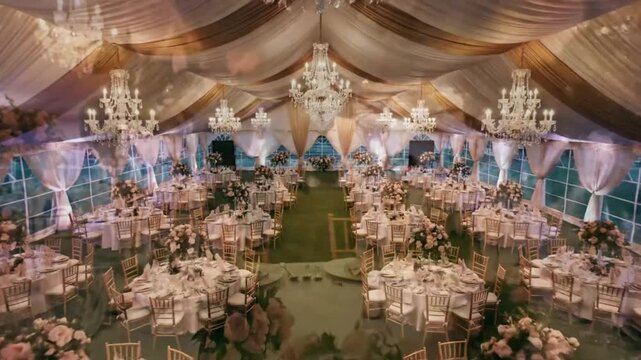 Luxurious wedding reception venue with exquisite decorations, round tables, and elegant chandeliers under a grand tent