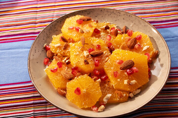 Moroccan and Middle Eastern  orange salad with pomegranate, almonds, and honey