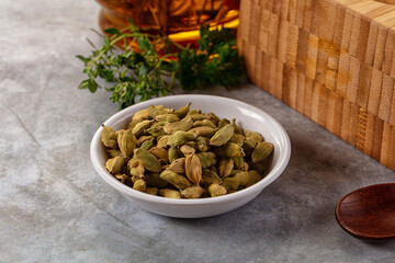 Green dry cardamom heap spices aroma