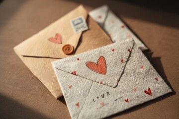 Romantic Handmade Envelopes with Heart Stamps and Love Notes.