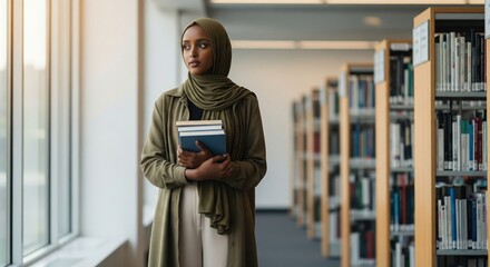 Thoughtful muslim female student in hijab holding books and looking out window in library