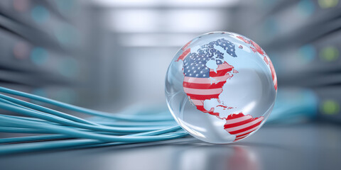 Glass globe with US flag overlay network cables symbolizing e commerce connection and data flow