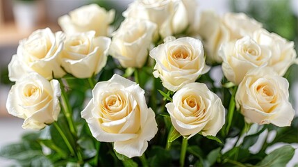 Fototapeta premium Bouquet of white roses arranged for special occasions with bright colors and soft textures creating a romantic display for events
