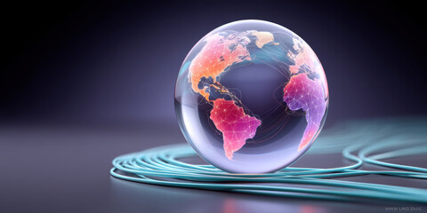 Global e commerce connection globe with fiber optic cable and glowing network lines conveying