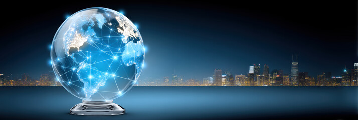 Connected glass globe city skyline representing e commerce global network and glowing digital
