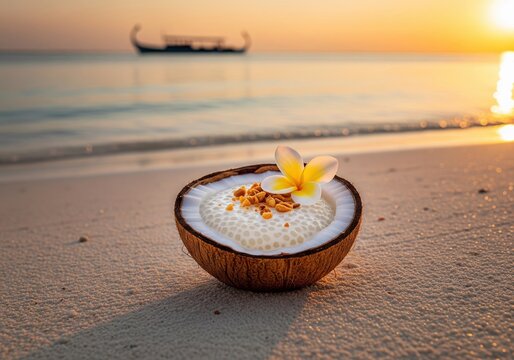 Maldivian sago pudding in a coconut shell on a beautiful tropical beach at a golden sunset