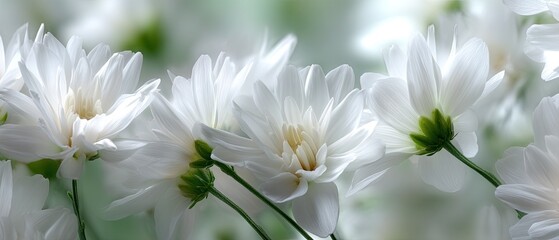 Obraz premium Close-up view of white chrysanthemums with green accents, part of a wedding bouquet for the special day, captured in natural light with sharp focus