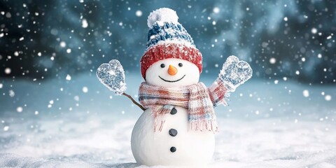 Cheerful snowman wearing a colorful scarf and hat, celebrating winter in a snowy landscape scene.