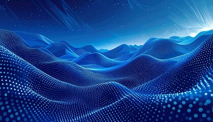 Abstract Digital Landscape - Futuristic Blue Waves and Particle Terrain.