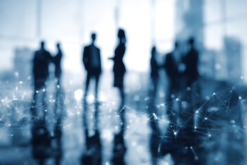 Blurred business silhouettes overlaid with a glowing network graphic.