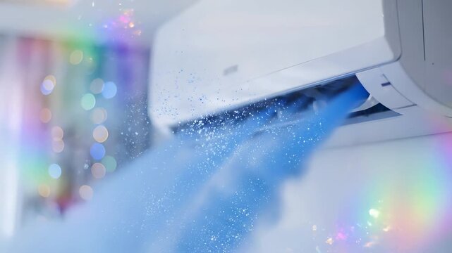 Air conditioner unit mounted on interior wall blowing cold airflow with bokeh light effects. Climate control appliance provides indoor temperature regulation, cooling ventilation, and comfortable