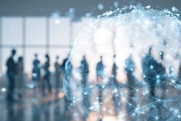 Digital globe overlaying blurred business people in modern office setting